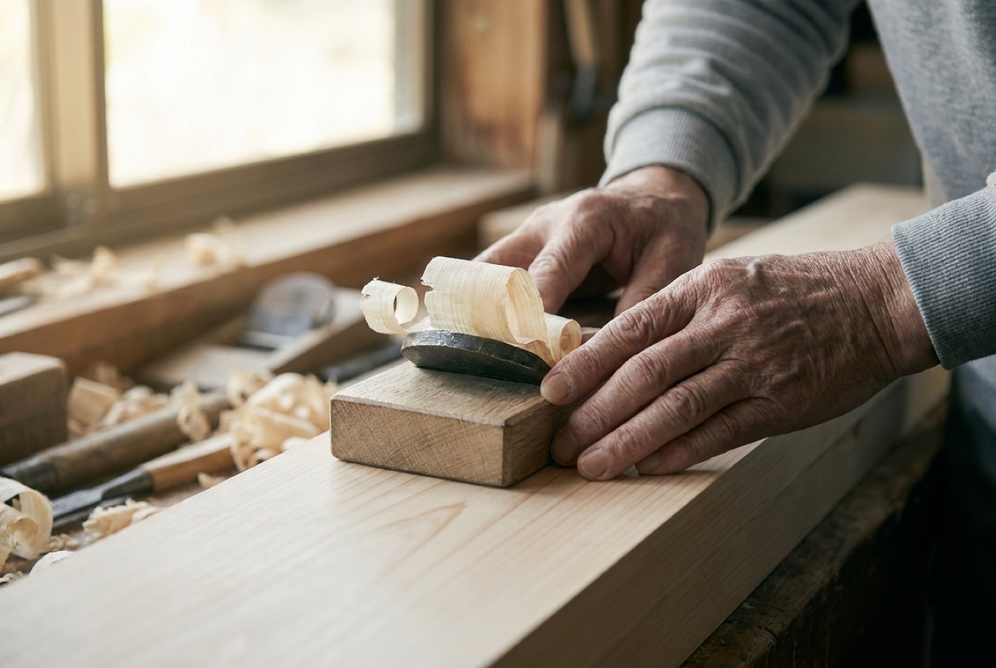 An artisan planing hinoki wood
